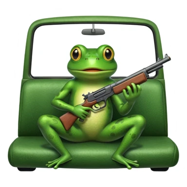 Frog holding a gun while sitting in the back seat of a vehicle in motion sticker