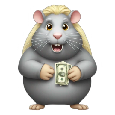 Angry fat Rat standing up with long blond hair holding money sticker