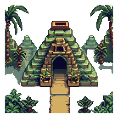 Mayan temple in pixel art style, simple blocky shapes, green jungle hints sticker