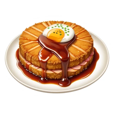 Tonkatsu Cinematic Realistic Tonkatsu Dish Emoji, depicted as a golden, crispy pork cutlet drizzled with tangy BBQ sauce, rendered with detailed textures and dynamic, appetizing lighting. sticker