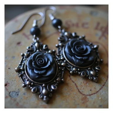 realistic goth earrings, black rose cameo, ornate frame, victorian gothic sticker