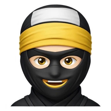 ninja face emoji with black ninja mask covering lower face, no skin color, standard emoji yellow, white headband, winking sticker