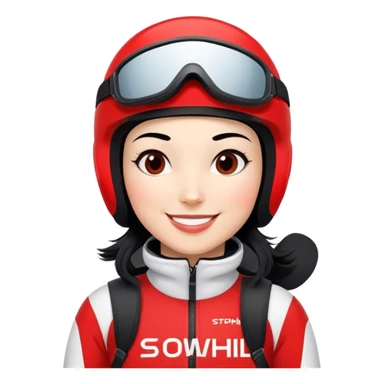 Skifahrerin Abfahrt Anzug rot weiss Aufschrift Stephanie Ski Aufschrift Head schwarze Haare lächeln  sticker