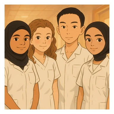 Four nursing students standing side by side in a warm atmosphere, Ghibli style. They wear white short-sleeved uniforms with medical tunic tops featuring V-neck collars and left chest pockets. No undershirts or stethoscopes. Faces and attitudes inspired by the four provided photos. sticker