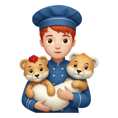 boy kid italian chef, red haired, uniform, holding plush polar lion sticker