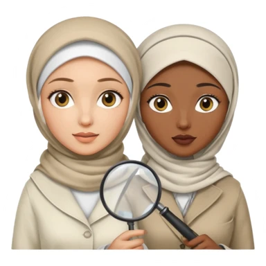 one wite hijabi one dark skin with her hair  out and hand lens and hat like true private inbestigators sticker