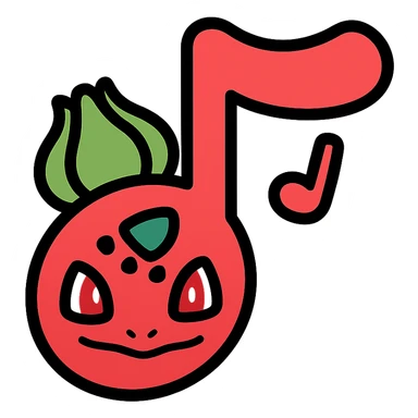 stylized red music note with Bulbasaur features, red gradient, rounded edges, app icon look sticker