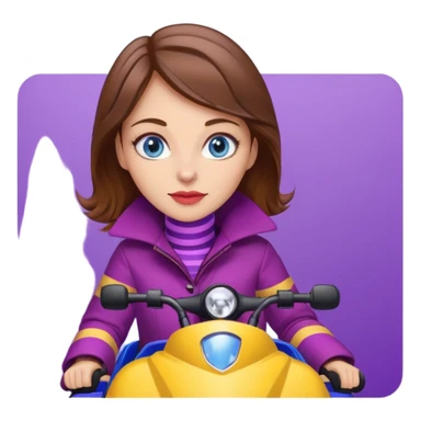 Brown hair, very blue eyes, Woman wearing a Very red coat  on purple and yellow striped snowmobile sticker