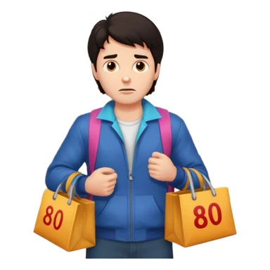 a man in 80s clothes, no mask, escaping a shop with loot, worried face, cartoon style, dark hair sticker