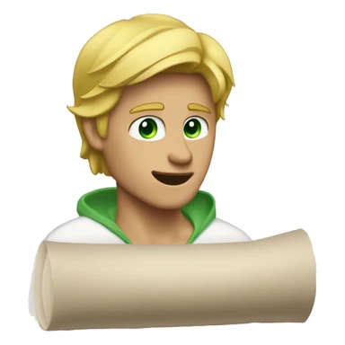a light-skinned blonde green-eyed man sitting in front of the paper scroll sticker