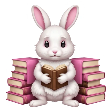 White rabbit sitting horizontally in a natural position on 4 legs, without a book.  There are 3 books nearby. books lie on top of each other  in brown tones

 sticker
