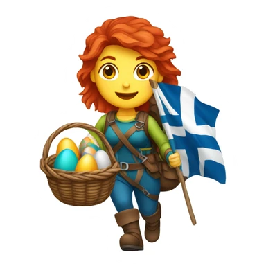 red hair female winter mountaineer climbing with Easter eggsbasket and Greek flag sticker