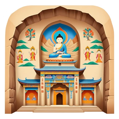 Mogao Caves Dunhuang with colorful Buddhist murals, simplified emoji style with bold outlines and bright colors, cartoon style cave entrance with paintings sticker