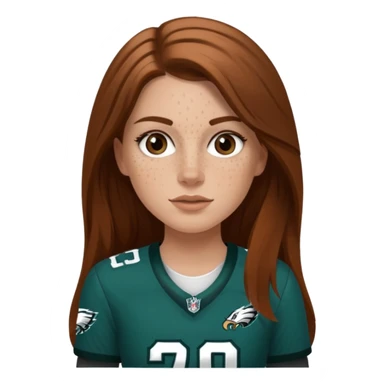 White girl with long medium brown hair and freckles wearring a Philadelphia eagles jersey sticker