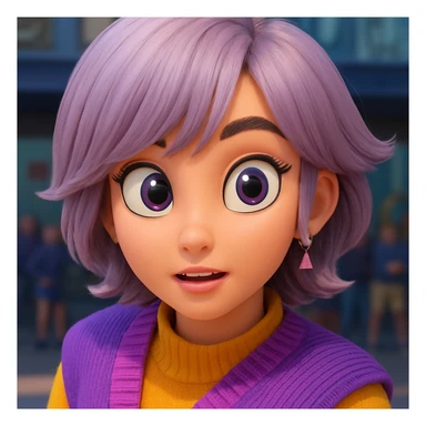 Move the hair away from the face to reveal the eyes, and add large, expressive cartoon eyes that match the character's cartoon style. Keep the rest of the image unchanged and maintain a cartoonish quality. sticker
