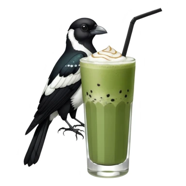  ONE Australien Magpie (just black and white feathers) sitting on an iced matcha latte on the edge of the glass. magpie has green matcha on its beak. matxha latte is in a see through glass and white from thr milk on the bottom and green without seeds on top… one straw & ice cubes sticker