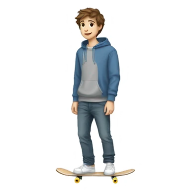 teenage boy with brown hair fair skin in a grey hoodie in blue jeans skateboarding sticker