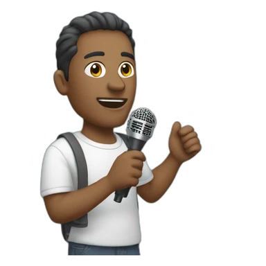 a man holds a microphone in his hand, above him is a cloud with text sticker