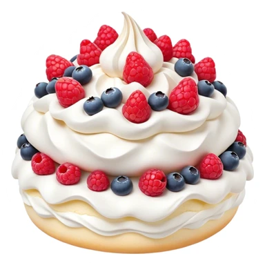 Cinematic Realistic Pavlova Dessert Emoji, showcasing a delicate meringue dessert topped with fresh fruit rendered with lifelike texture and soft natural lighting. sticker