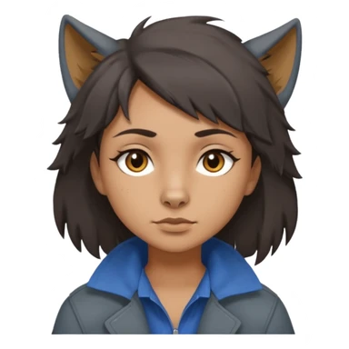 Hobo tomboy with dark brown hair in a wolf cut style, brown eyes, dirty dark grey coat, blue-grey shirt. sticker