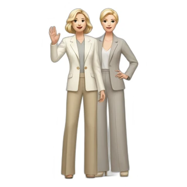 Full height Actively gesturing with hands pale skin woman with ash blonde Straightened bob Hair, White Spacious classical jacket, beige palazzo Arrow pants and gray blouse sticker