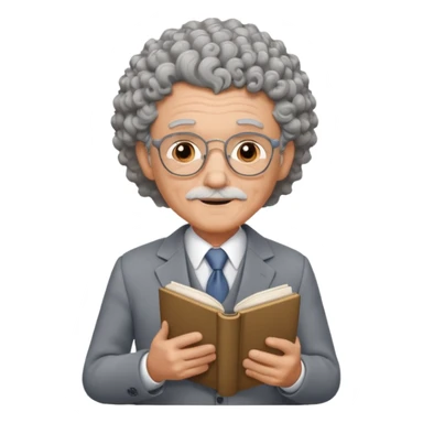 elderly male, curly hair, holding book, wearing gray suit sticker