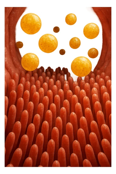 VILLI INTESTINALI CON CELLULE DI GRASSO CHE CI FLUTTUANO SOPRA, INTERNO REALISTICO DI UN INTESTINO, IPERREALISTICO 4K sticker