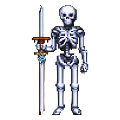 pixel art skeleton holding a sword, simple and bold sticker