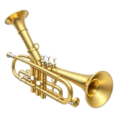 “Flat vector icon of a golden trumpet in side view with mouthpiece, bell, and three simple valves, thick dark outline, minimal details, centered on a deep navy blue rounded-square (or circle) background. Transparent outside the background, PNG.” sticker