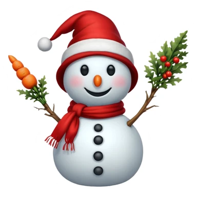 a snowman in a red scarf with the "S" logo and a red New Year's hat sticker