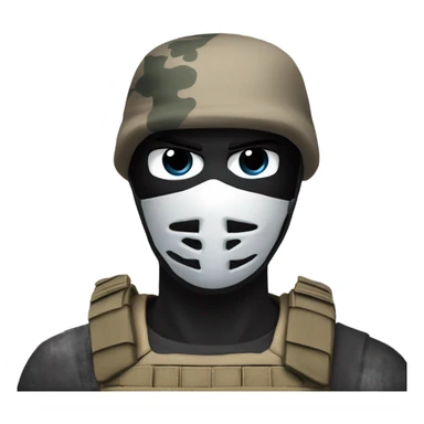 White male, call of duty black mask, camo tactical gear, tan combat boots, black beanie, blue eyes sticker