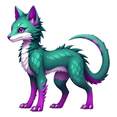 Kawaii dark edgy gloomy dark green ethereal feline-vernid-sergal-fursona animal creature with a tufted tail full body with intricate markings with magenta eyes sticker