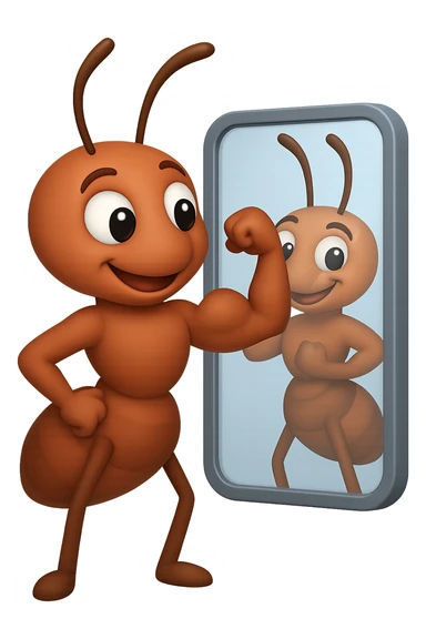 EMOJI STILE IPHONE 3D DI una formica che si guarda allo specchio felice e sicura di sè mentre contrae il suo bicipite muscoloso, fagli anche la parte bianca degli OCCHI, non solo la pupilla sticker