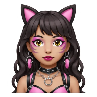 Remove any apple from the emoji. Keep the silver O-ring, bangs, bold but not crazy makeup, light-medium Hispanic skin tone, long dark wavy hair, cat ears, and pink BDSM-inspired harness. Maintain the apple emoji style with a transparent background. sticker