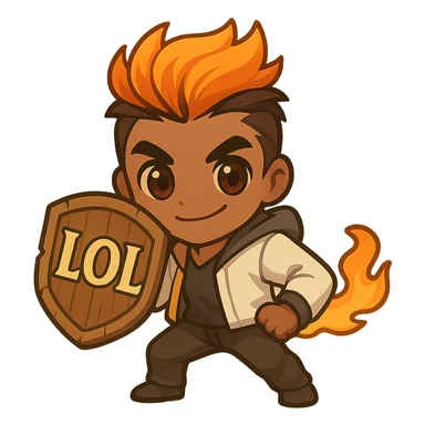 Brighten the eyes of Phoenix (Valorant) in chibi style to make them livelier and less black, with large friendly anime eyes showing visible pupils and light reflections. Keep the fiery hair, confident pose, and comic-style wooden shield with 'LOL' in bold, clear, slightly ornate lettering. Maintain clear lines and an energetic vibe. Keep the background transparent. Emoji compatible at 128x128 px. sticker