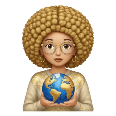 a young woman wearing gold round glasses and afro hair, she has medium/mate skin, she's wearing a sweater and she's holding a globe in her hand sticker