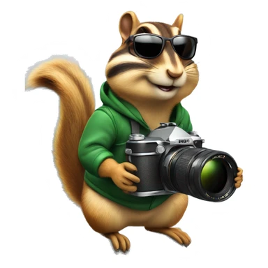 Chipmunk on top of a mountain with a camera in one hand and sunglasses on the head sticker