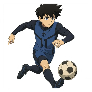 anime soccer player inspired by Blue Lock, dynamic pose, blue and black uniform sticker