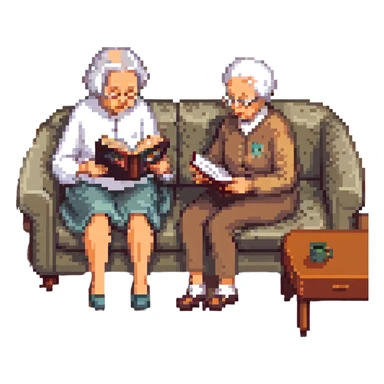 An elderly man combing the hair of an elderly woman sitting on a sofa reading a book sticker