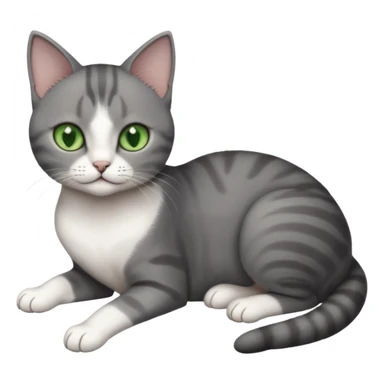 full body tiny short hair dark grey and white cat with white front legs and green  eyes lying down sticker