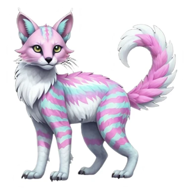 Colorful dark tropical feathery tribal pale light fruity pastel white glorious iridescent divine exotic cute albino neon vibrant spooky evil zigzagged cool beautiful beautiful fantasy-caracal-civet-genet-sergal-vernid-Gryphon-Cacomistle-Trico-oncilla-animal-Fakémon-hybrid-fursona (full body) sticker