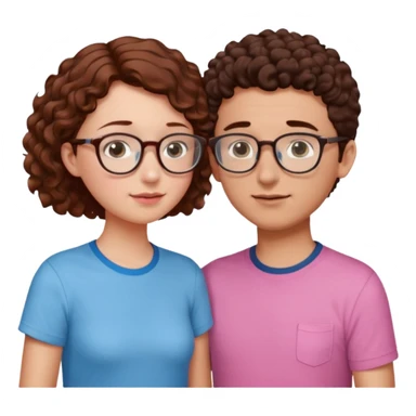 a couple where de girl has short, redish brown hair, pink shirt and the boy has short curly dark brown hair, has glasses and has light blue shirt. they are facing each other and their noses touch sticker