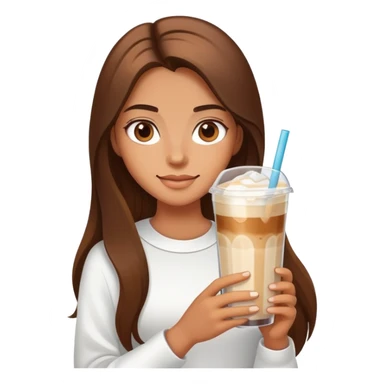 girl with long brown hair has ice latte coffee in glasse cup sticker