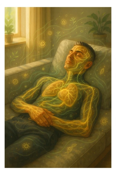 Uomo sdraiato su un divano nel primo pomeriggio, mentre fa un breve riposino. Il suo corpo appare parzialmente trasparente o stilizzato, con luce calda e flussi energetici dorati e verdi che scorrono attraverso muscoli, cervello, e organi. Intorno a lui si vedono piccoli simboli di rigenerazione: cellule che si rinnovano, tessuti che si illuminano, aura rilassata. L'ambiente è calmo e ordinato, luce naturale che entra da una finestra, atmosfera rigenerante, stile realistico con accenti metaforici. sticker