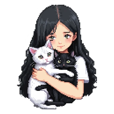 Beautiful girl with long black hair hugs a gray and blond mixed breed cat sticker