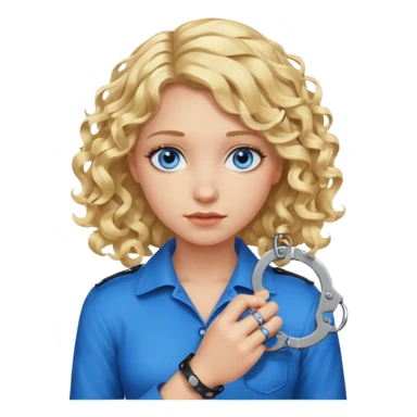 A girl with blond hair that curls at the end shoulder length and blue eyes who is breaking handcuffs sticker