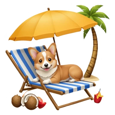 a corgi dog laied on a beach chair, a sunny beach, a sun umbrella, and beach coconut trees. the icon should capture the essence of a relaxing beach vacation with a carefree atmosphere sticker