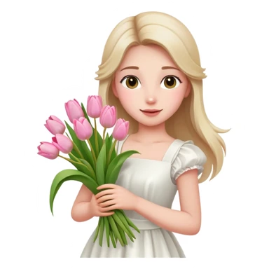  A girl with a half-up half-down hairstyle, and a white dress, enjoying the spring breeze.Holding a bundle of pink tulips sticker
