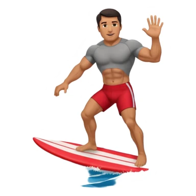 50 year old, muscular, dark haired, tan, red shorts man riding a big wave sticker