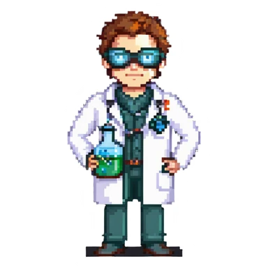 chemistry superhero wearing a lab coat and goggles holding a beaker sticker